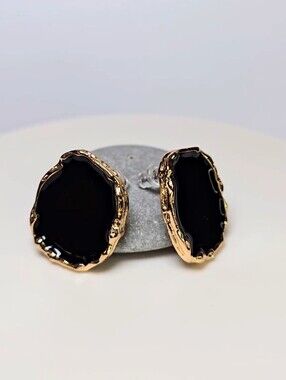 Oversized Modernist Chunky Gold With Black Enamel Earrings